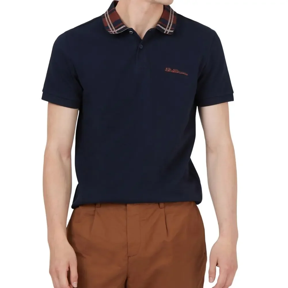 Ben Sherman Pique Polo Shirt Navy Blue with Tartan Plaid Design Collar sz L - Picture 11 of 11